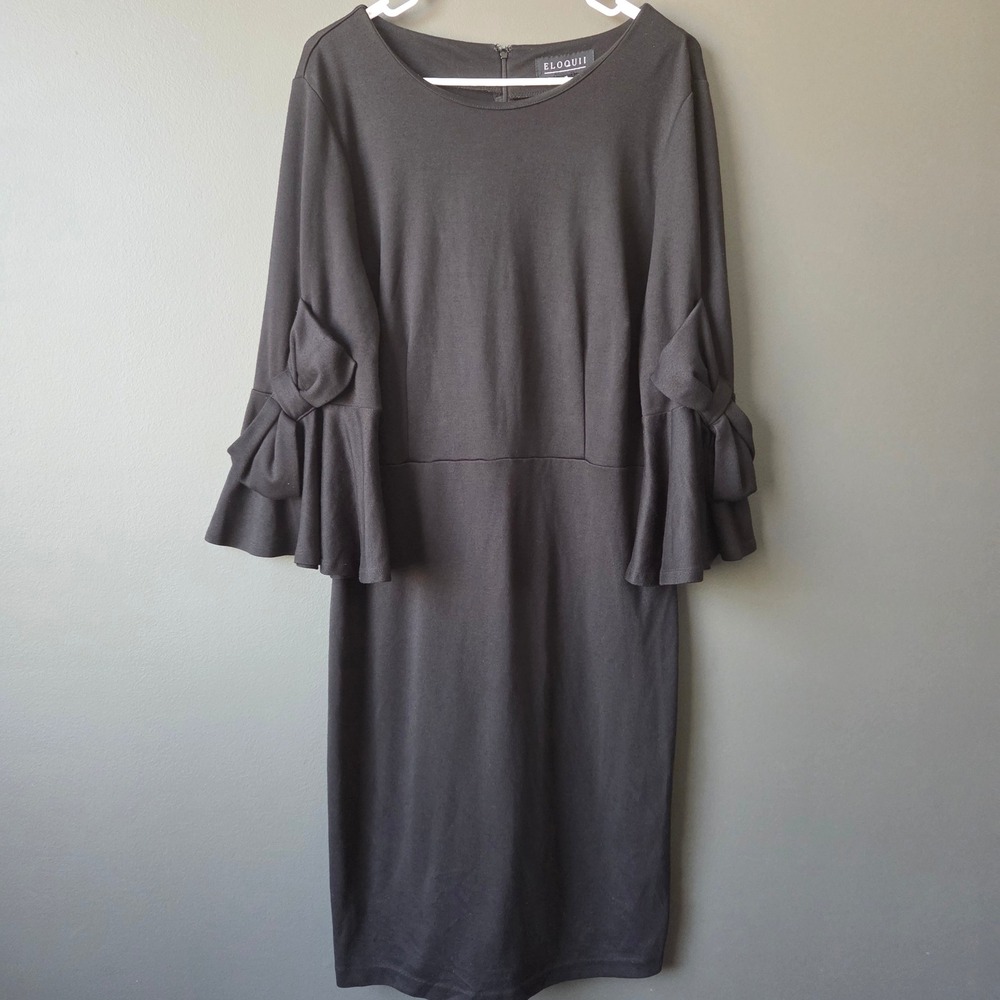 Eloquii Black Bow Bell Sleeve Sheath Dress Plus Size 18‎ Scoop Neck Midi Chic